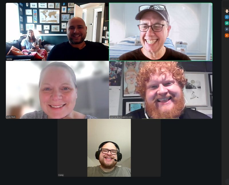 Justin, Jody, Spencer, Corey, and Justin's parents on the video call for the monthly family movie discussion